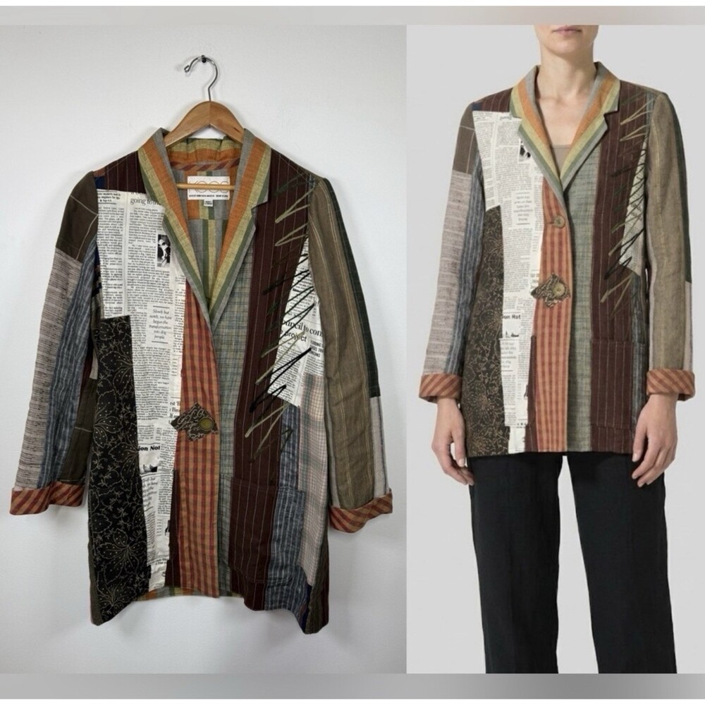 Koos Van Den Akker Patchwork‎ Linen Blazer Jacket Newspaper Print Mixed Media